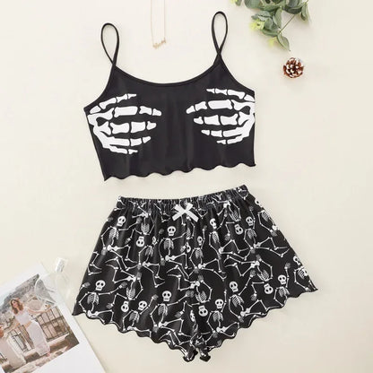EtherealBe alien sleepwear set for women black skeleton hand crop top with matching skull print shorts for lounging