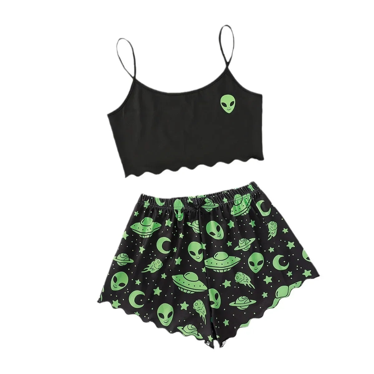 Black two piece alien sleepwear set for women with cropped cami scalloped hem and green alien UFO printed shorts