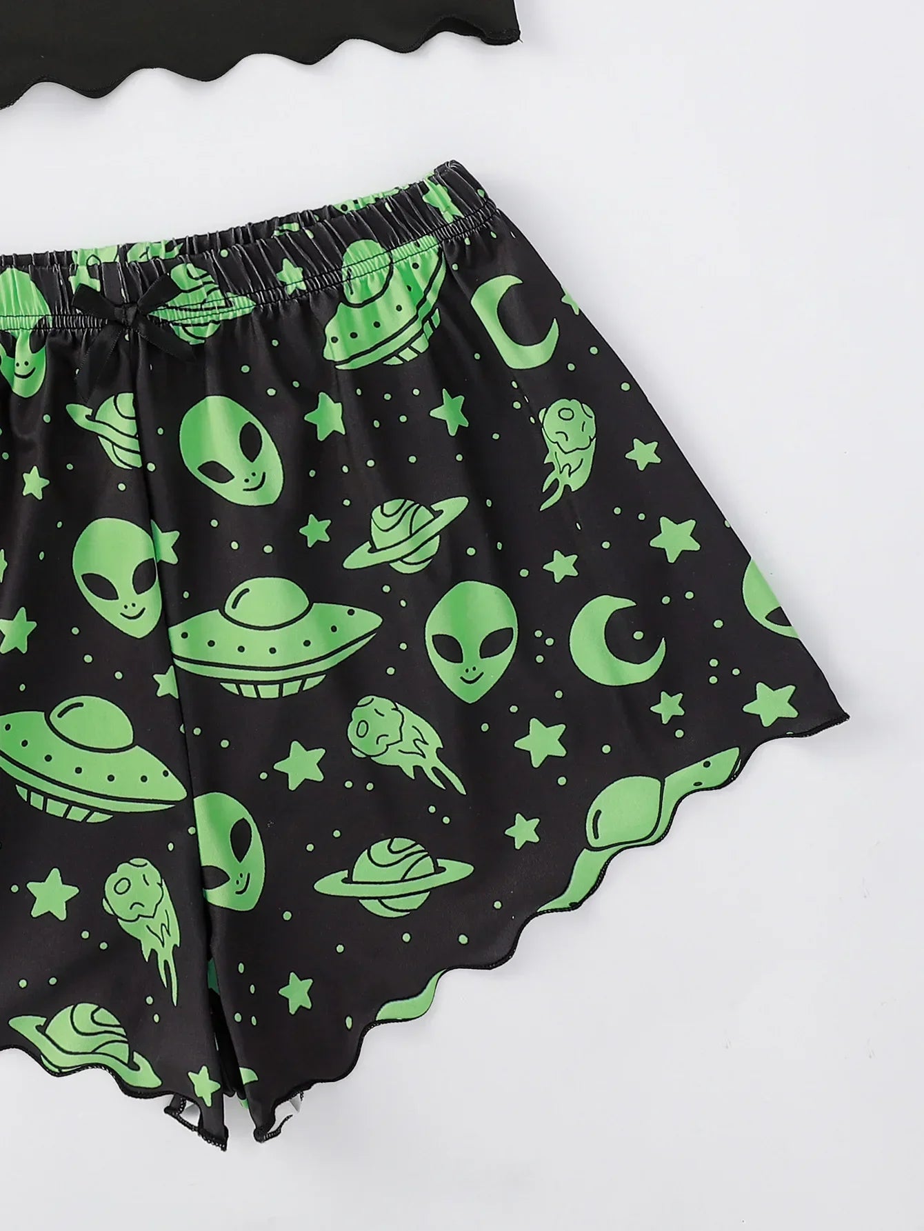 EtherealBe alien sleepwear set for women black shorts with green alien heads UFO moon and star print scalloped hem