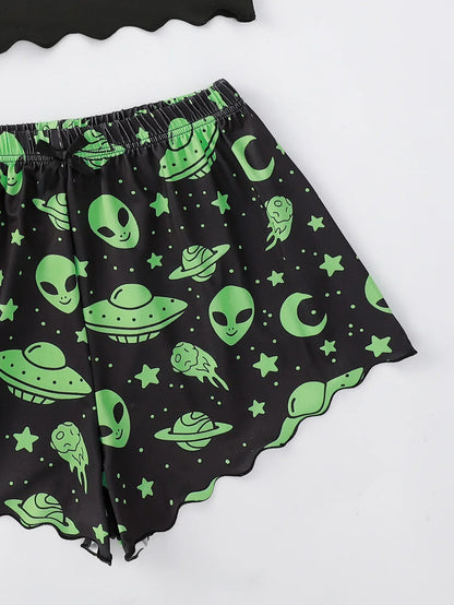 EtherealBe alien sleepwear set for women black shorts with green alien heads UFO moon and star print scalloped hem