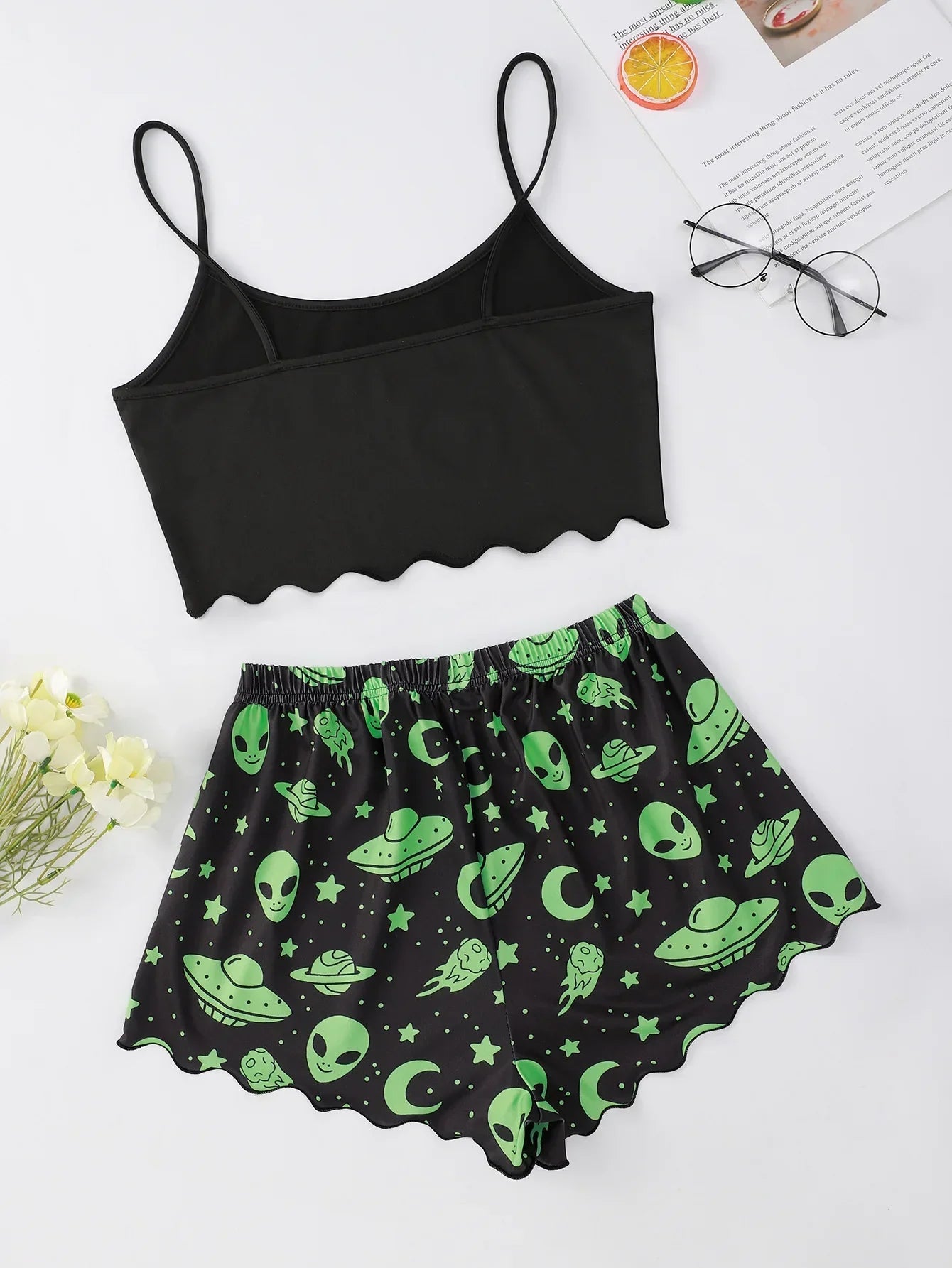 alien sleepwear set for women black scalloped cami with spaghetti straps and matching shorts with green alien UFO print