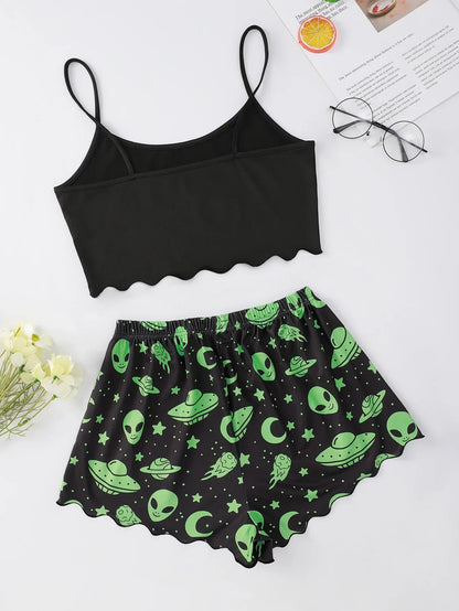 alien sleepwear set for women black scalloped cami with spaghetti straps and matching shorts with green alien UFO print
