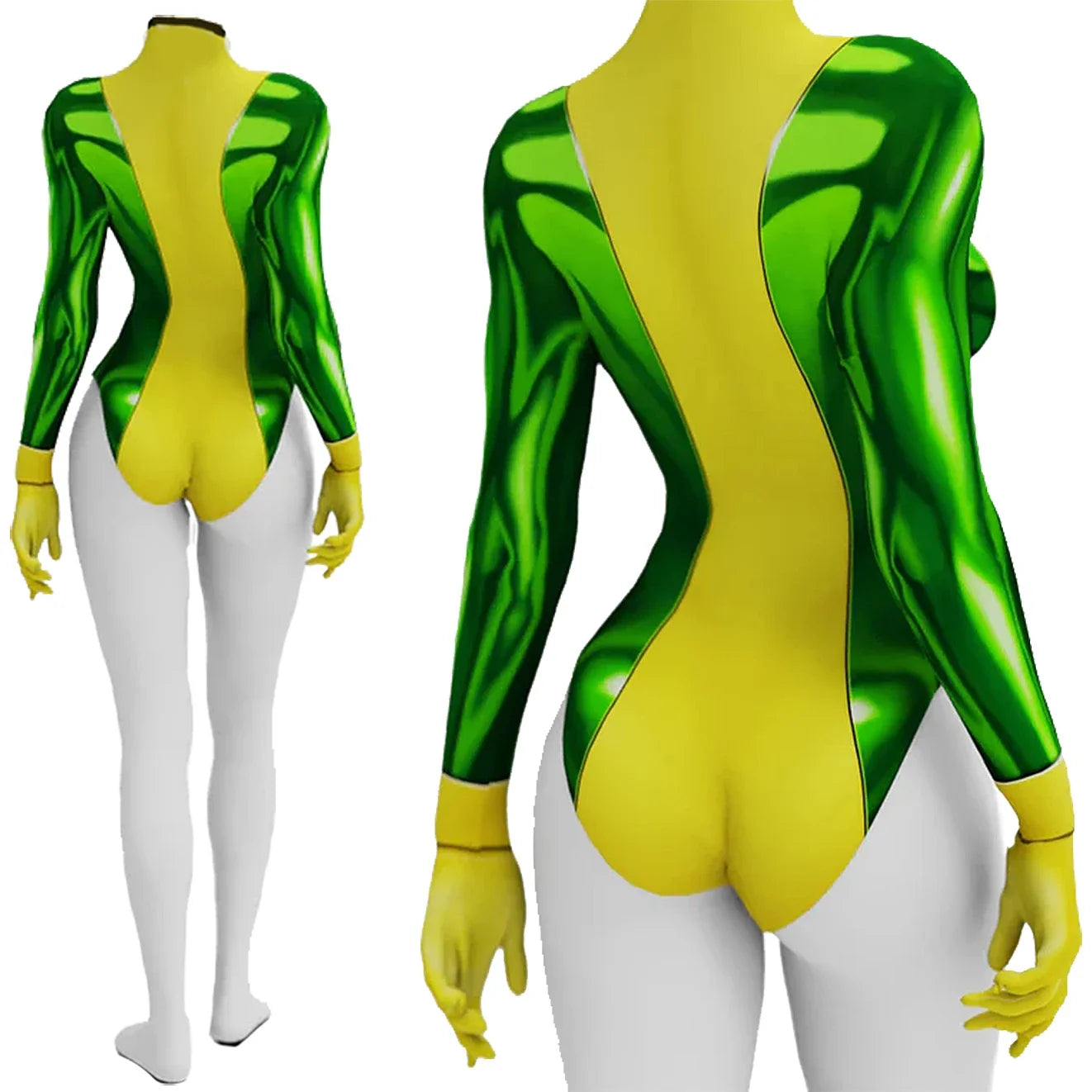 Rogue X-Men cosplay costume glossy green and yellow high cut bodysuit with long sleeves back view