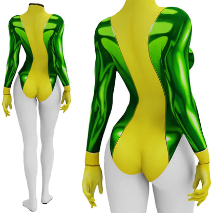 Rogue X-Men cosplay costume green metallic long sleeve bodysuit with yellow center panel and gloves back view
