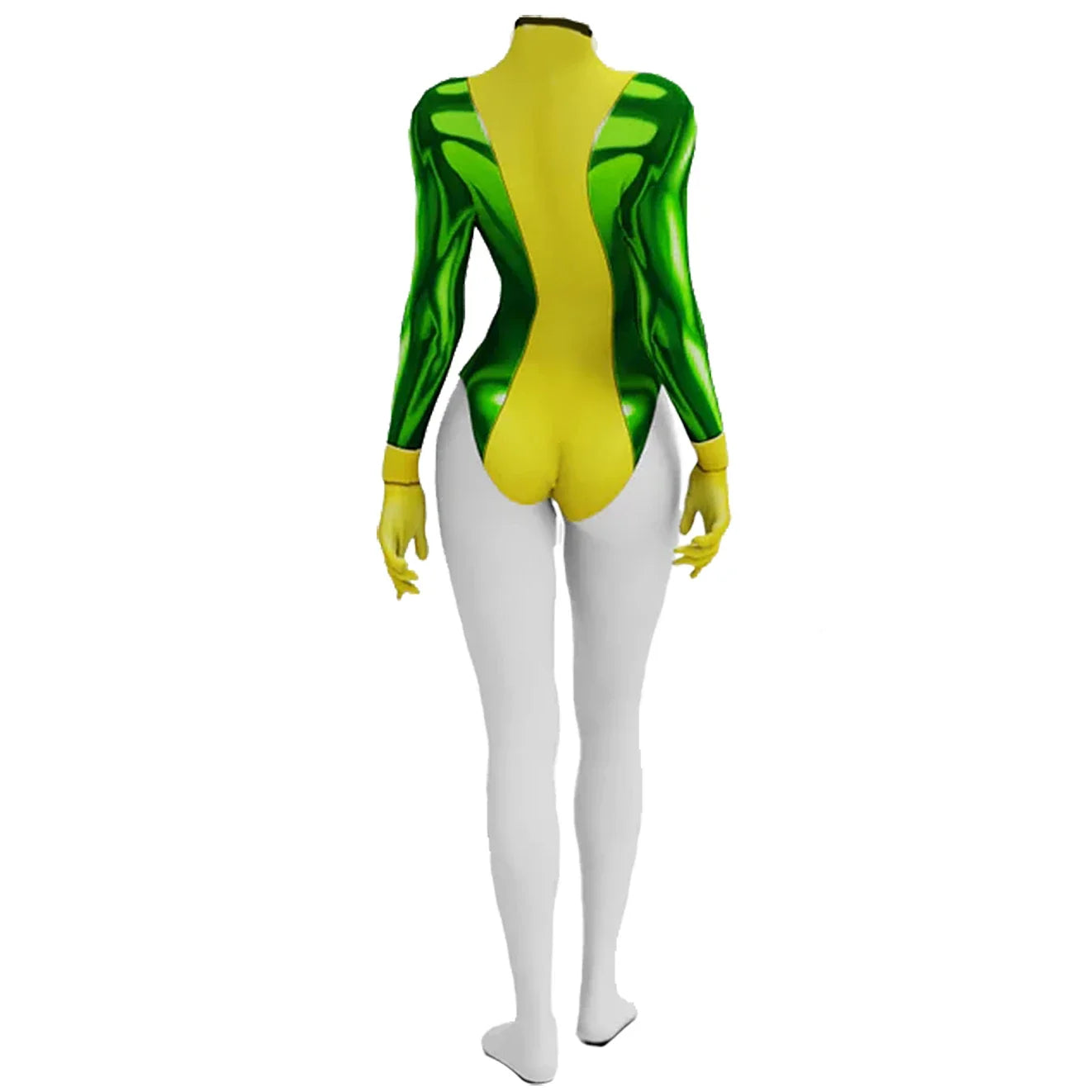 Rogue X-Men cosplay costume back view green and yellow glossy bodysuit with white leggings gloves and high collar