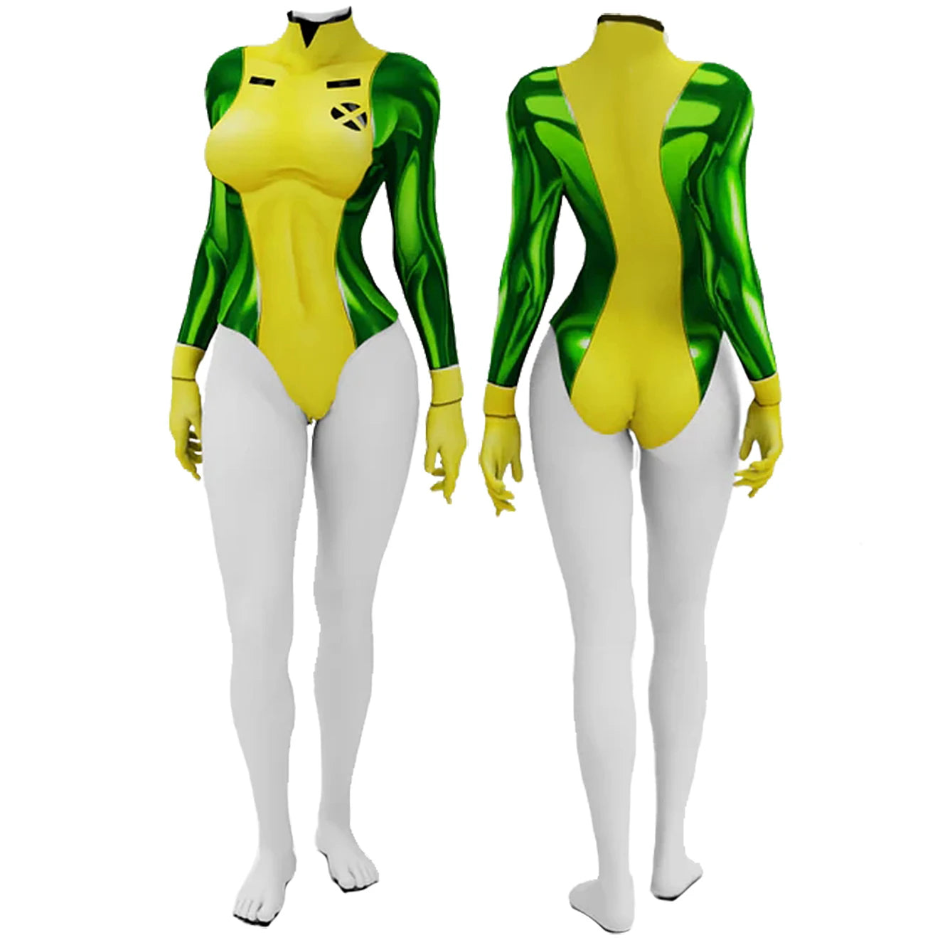 EtherealBe Rogue X-Men cosplay costume green and yellow full bodysuit with front and back views