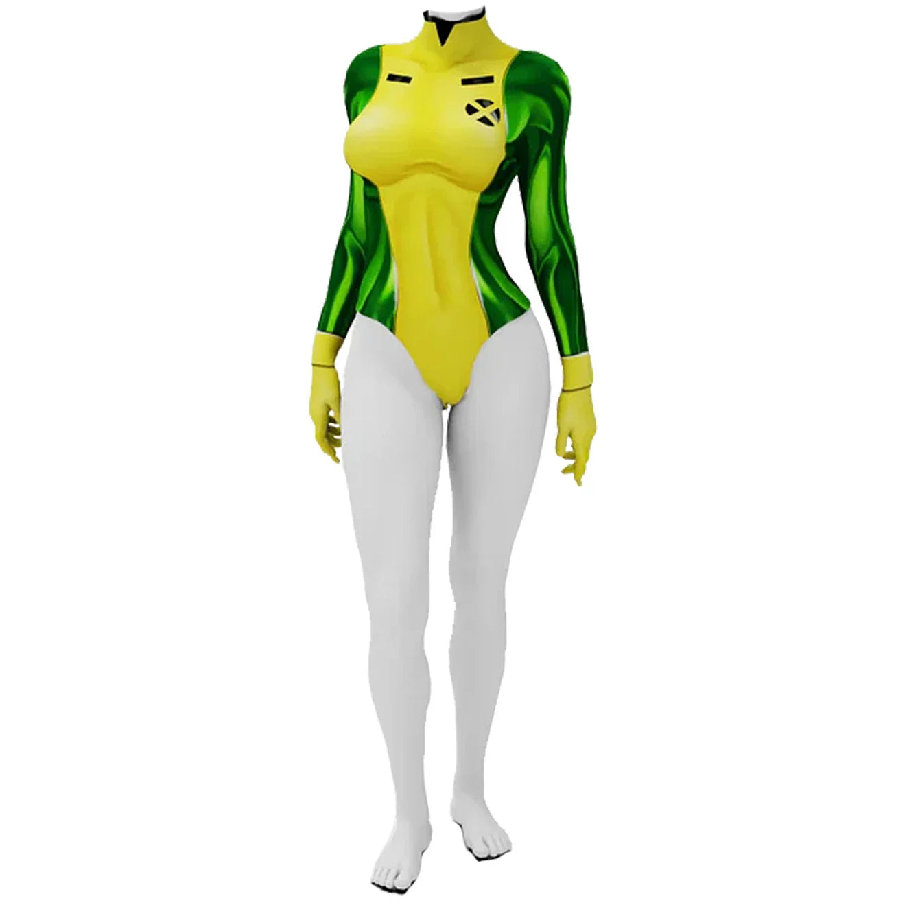 Rogue X-Men cosplay costume yellow and green long sleeve bodysuit with white leggings and chest X emblem