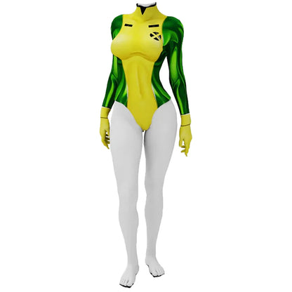 Rogue X-Men cosplay costume yellow and green long sleeve bodysuit with white leggings and chest X emblem
