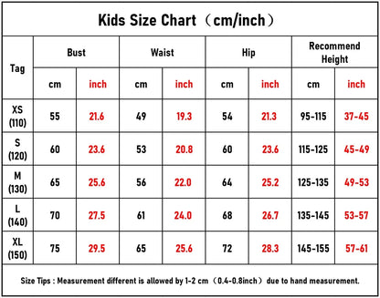 Rogue X-Men cosplay costume kids size chart showing bust waist hip and recommended height in cm and inches for XS S M L XL