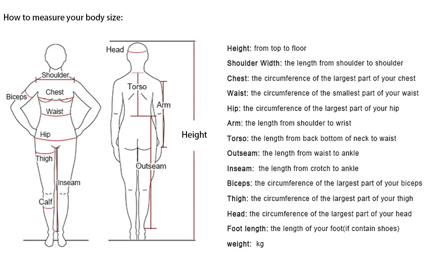 Rogue X-Men cosplay costume size chart showing full body measurement guide with labeled chest waist hip height