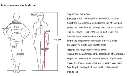 Rogue X-Men cosplay costume size chart showing full body measurement guide with labeled chest waist hip height