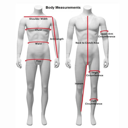 Rogue X-Men cosplay costume measurement guide showing shoulder width chest waist hips arm length inseam
