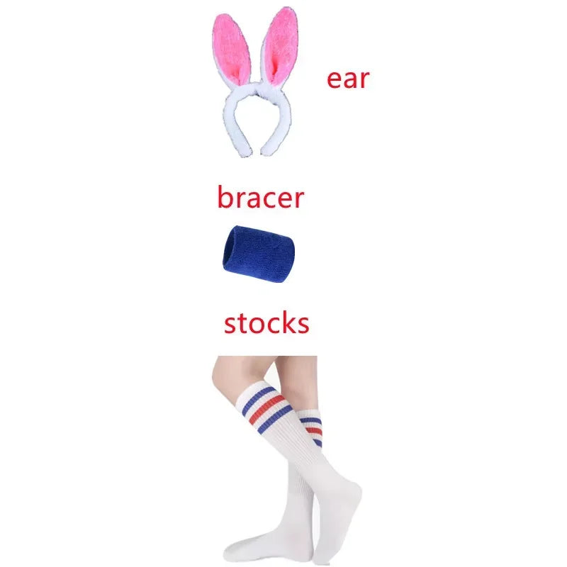space jam Lola Bunny shorts and top cosplay accessory set with pink bunny ears blue bracer and striped knee socks