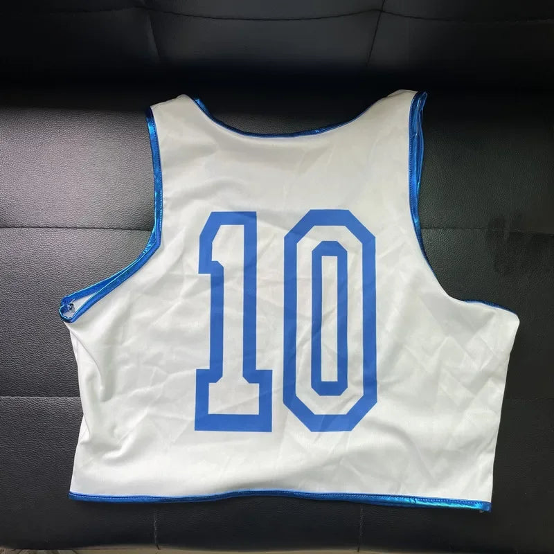White cropped basketball top with blue trim and number 10 on back for space jam Lola Bunny shorts and top cosplay