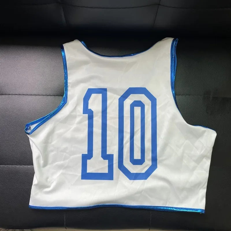 EtherealBe space jam Lola Bunny shorts and top cosplay white cropped basketball top back view blue trim and number 10