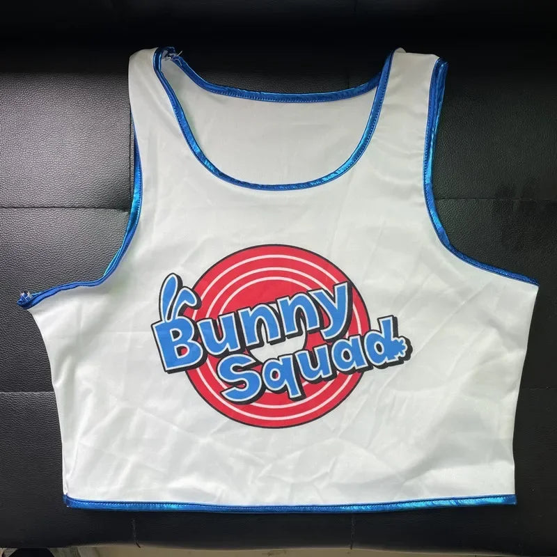 White crop top with red Bunny Squad logo and blue trim front view for space jam Lola Bunny shorts and top cosplay