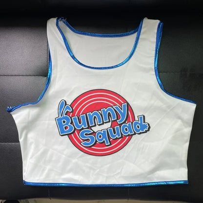 White crop top with red Bunny Squad logo and blue trim front view for space jam Lola Bunny shorts and top cosplay