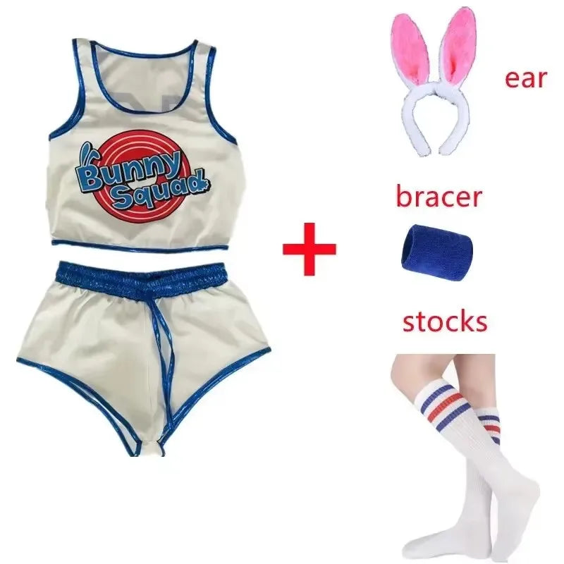 space jam Lola Bunny shorts and top cosplay set white and blue Bunny Squad crop tank and shorts with ears bracer and striped socks