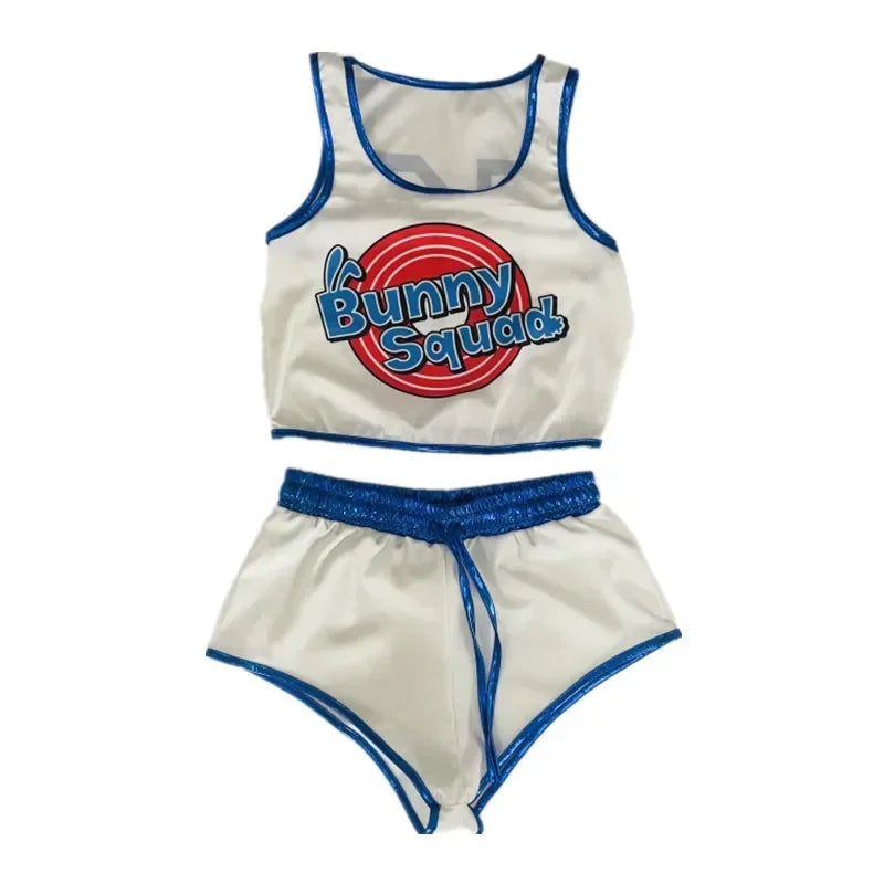 White crop tank top and shorts with blue trim and Bunny Squad logo space jam Lola Bunny shorts and top cosplay