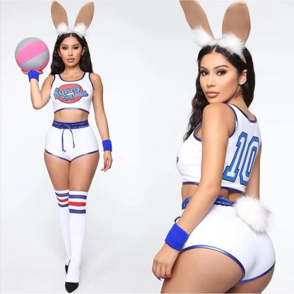 White space jam Lola Bunny shorts and top cosplay with blue trim 10 crop top bunny ears tail and knee socks