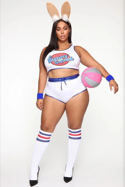 Curvy model wearing space jam Lola Bunny shorts and top cosplay white sporty crop top waist shorts with knee socks and bunny ears