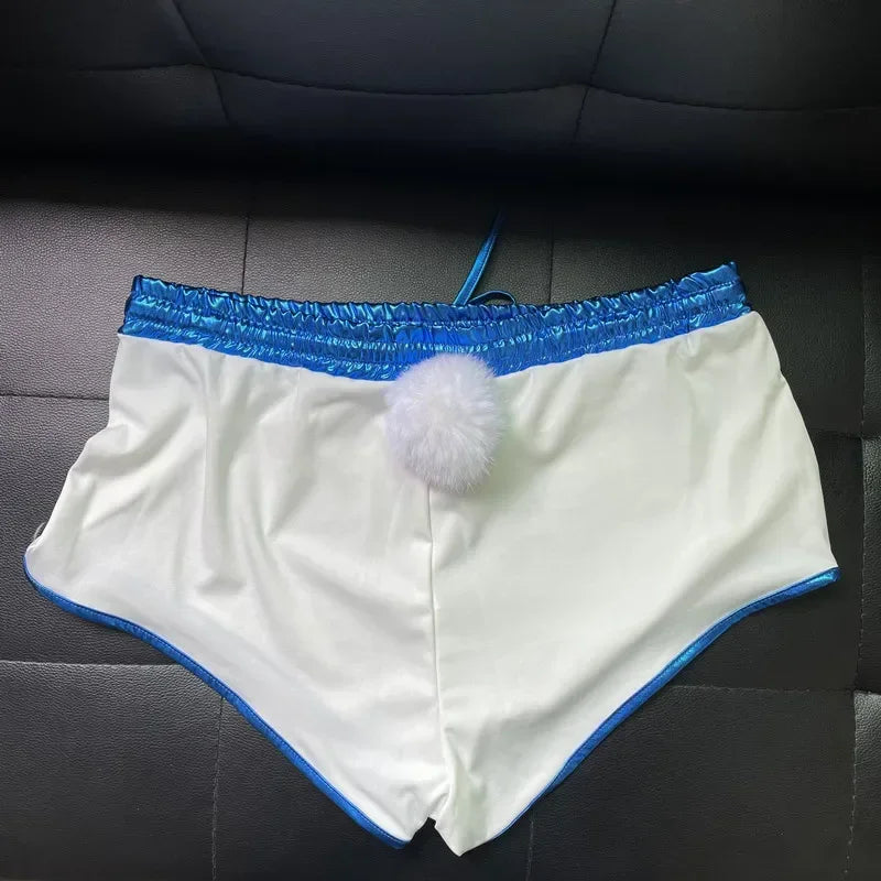 White cosplay shorts with blue trim and fluffy tail for space jam Lola Bunny shorts and top cosplay