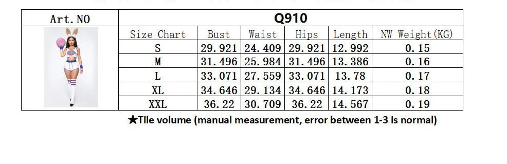 Size chart and model photo for space jam Lola Bunny shorts and top cosplay showing measurements S to XXL