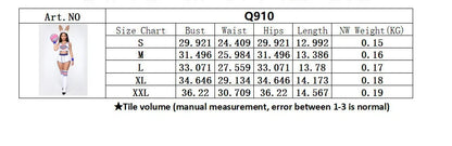 Size chart and model photo for space jam Lola Bunny shorts and top cosplay showing measurements S to XXL