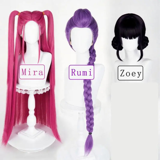 Three mannequin display of Zoey Rumi Mira costume wigs pink twin tails purple braided ponytail and black bob