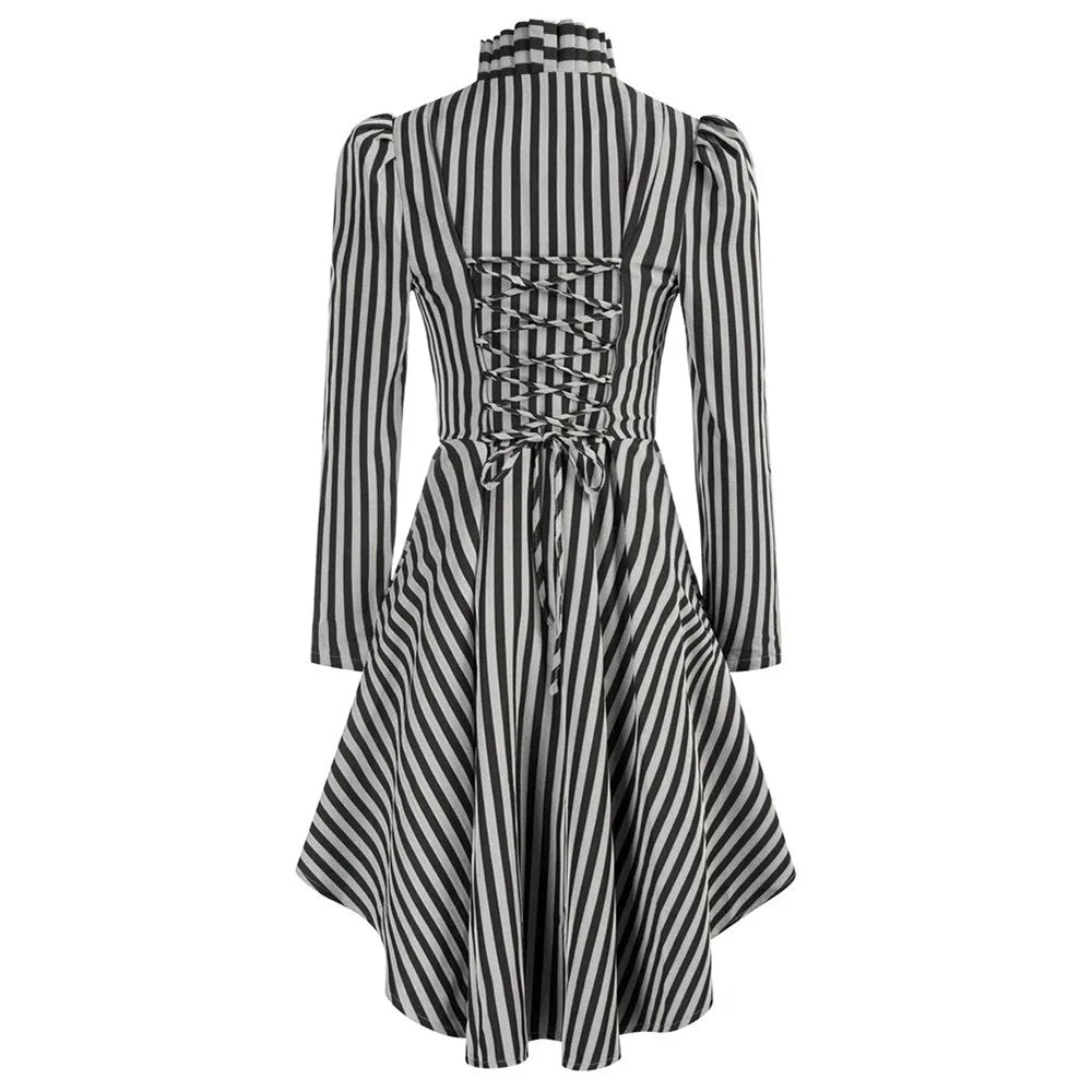 EtherealBe Ruffled Waist Saloon Cosplay Costume in Black and White Stripes with Lace-Up Back Detail