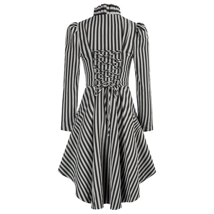 EtherealBe Ruffled Waist Saloon Cosplay Costume in Black and White Stripes with Lace-Up Back Detail