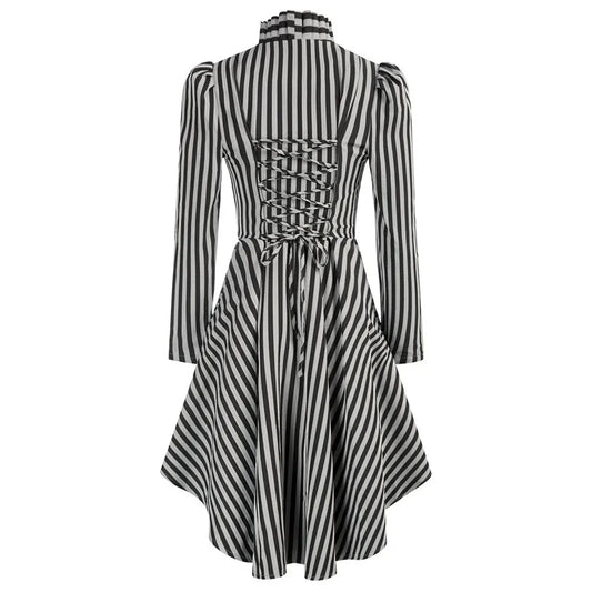 EtherealBe Ruffled Waist Saloon Cosplay Costume in Black and White Stripes with Lace-Up Back Detail