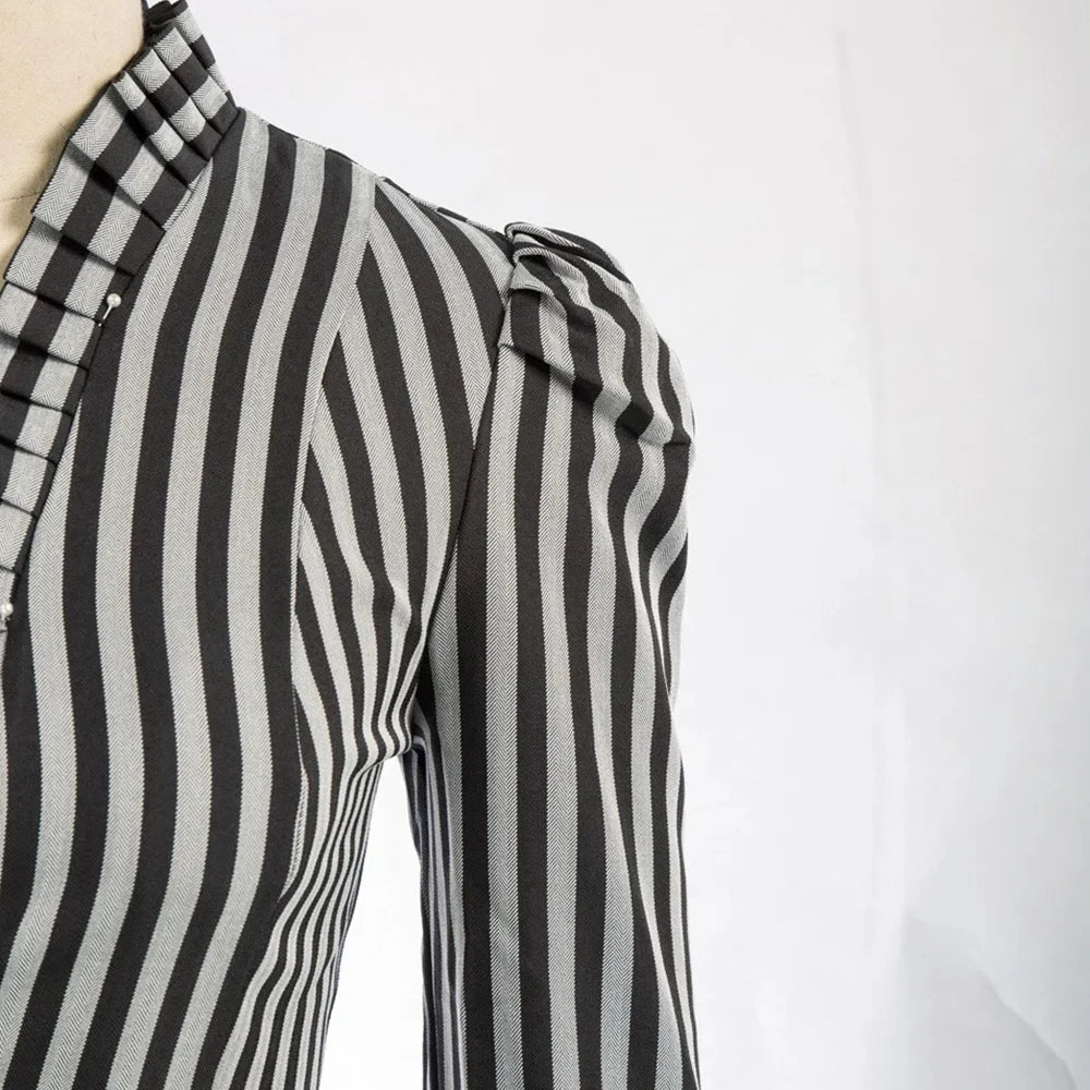 EtherealBe Ruffled Waist Saloon Cosplay Costume featuring a stylish striped design with puffed sleeves