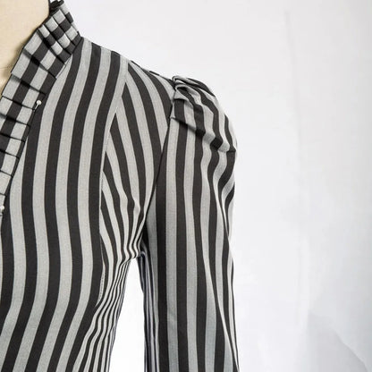 EtherealBe Ruffled Waist Saloon Cosplay Costume featuring a stylish striped design with puffed sleeves
