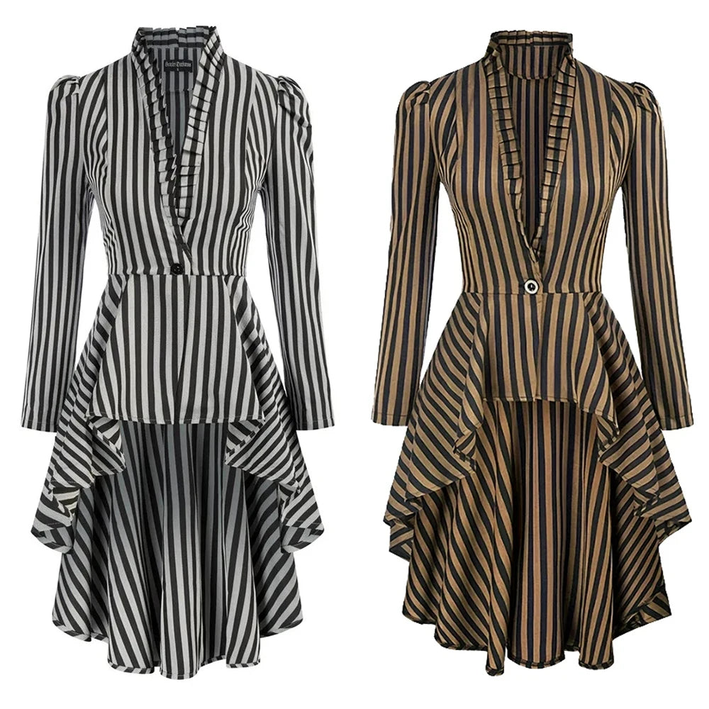 Ruffled waist saloon cosplay costume in black and brown striped designs with stylish flare