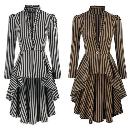 Ruffled waist saloon cosplay costume in black and brown striped designs with stylish flare