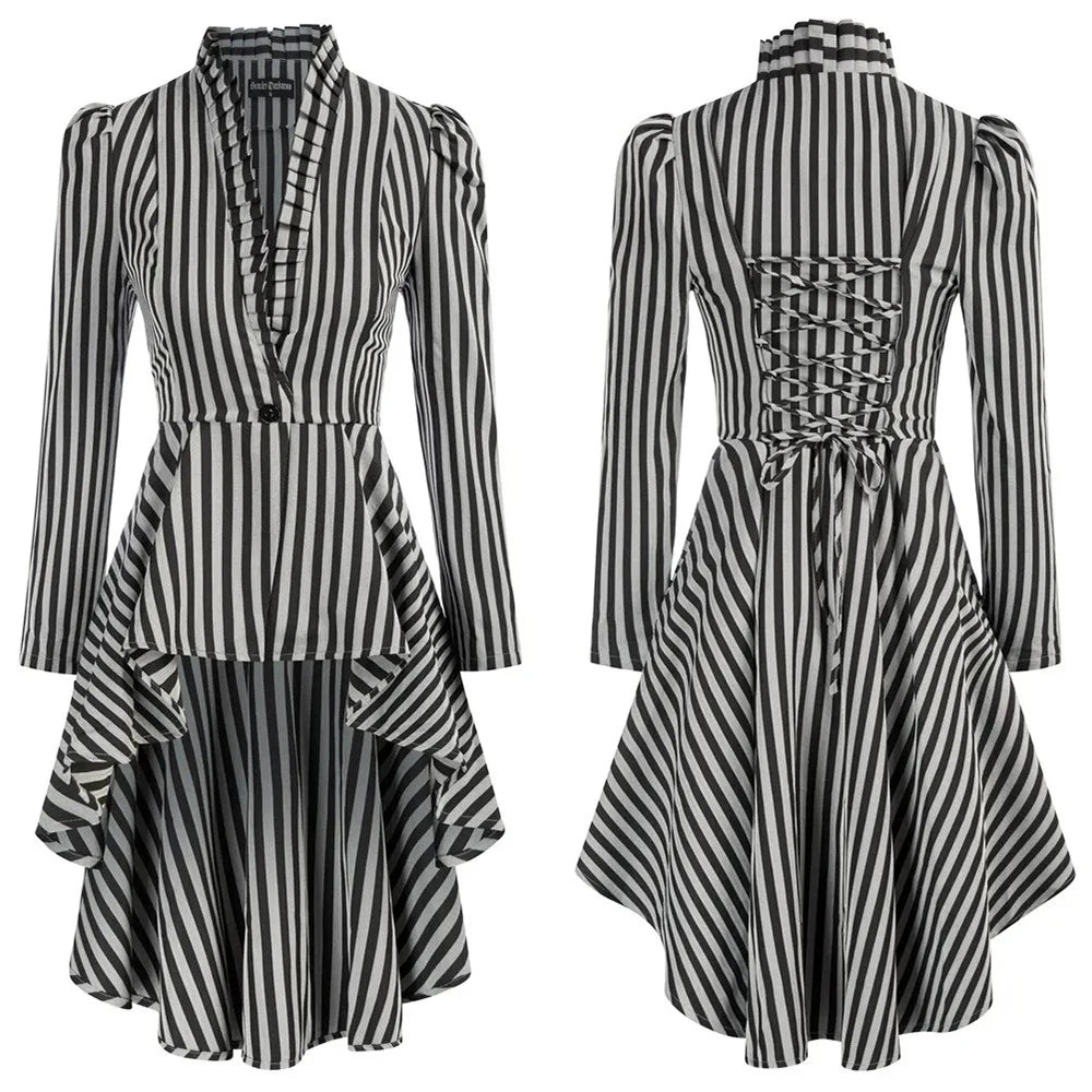 Black and white striped ruffled waist saloon cosplay costume with elegant design and lace-up back