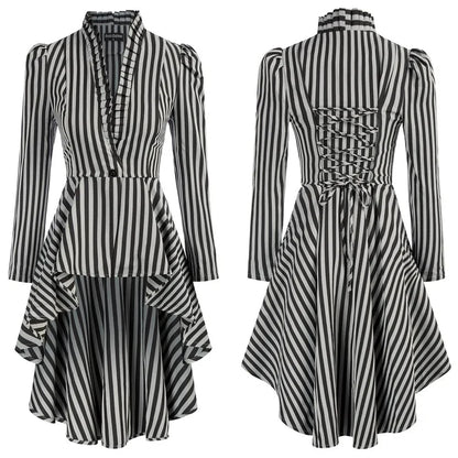 Black and white striped ruffled waist saloon cosplay costume with elegant design and lace-up back