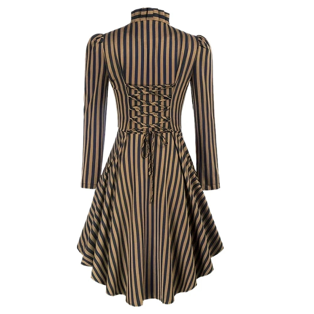 Back view of the ruffled waist saloon cosplay costume in striped design with a lace-up detail