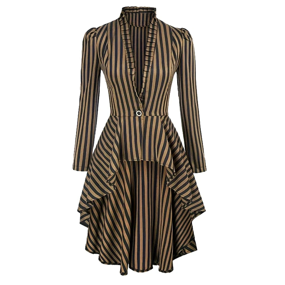 EtherealBe ruffled waist saloon cosplay costume in striped design with long sleeves and a flared hem