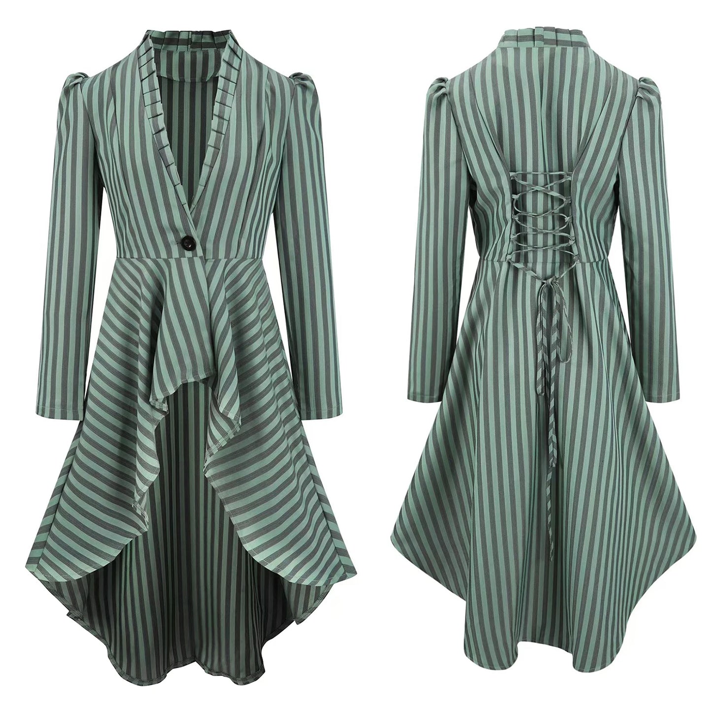EtherealBe ruffled waist saloon cosplay costume in green and white stripes with elegant draped design