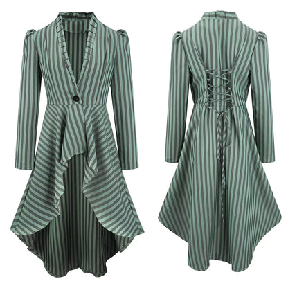 EtherealBe ruffled waist saloon cosplay costume in green and white stripes with elegant draped design