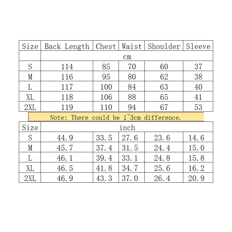 Size chart for ruffled waist saloon cosplay costume including measurements in cm and inches