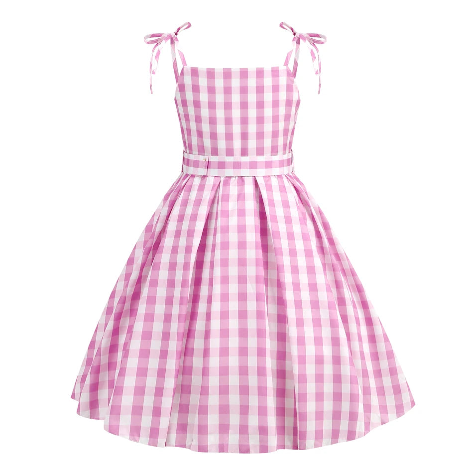 EtherealBe pink cowgirl cosplay set for kids pink gingham tie shoulder dress with belted waist and full skirt