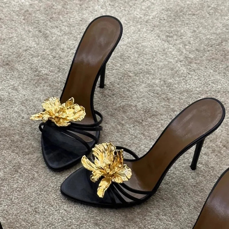 EtherealBe crystal flower high heel sandals with elegant gold flower design on black base
