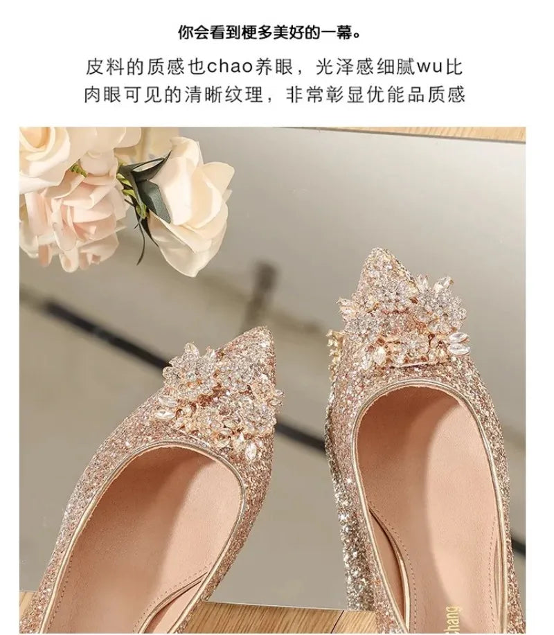 Elegant crystal high heel wedding shoes with intricate embellishments and a sparkling finish
