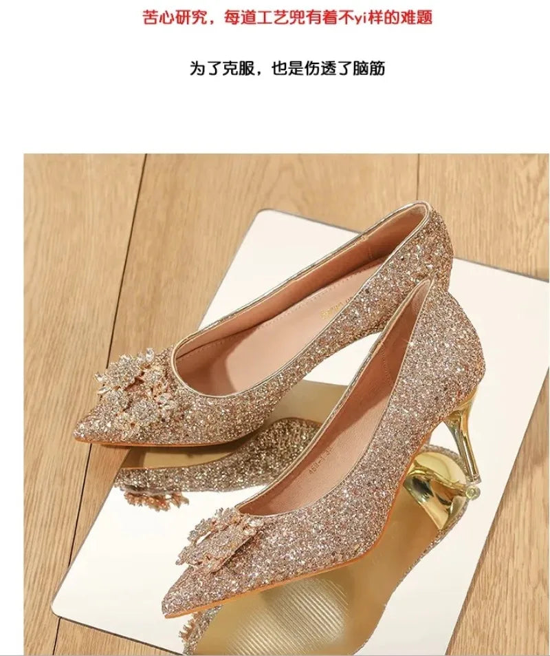 Sparkling crystal high heel wedding shoes with floral embellishments and elegant design