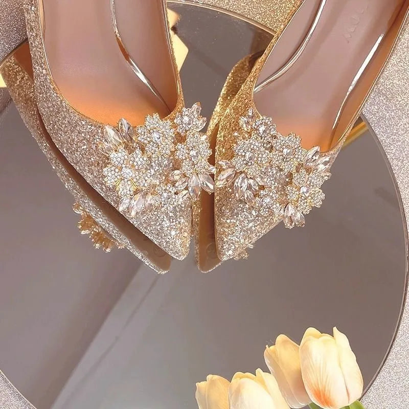 EtherealBe crystal high heel wedding shoes embellished with floral details for elegant bridal look