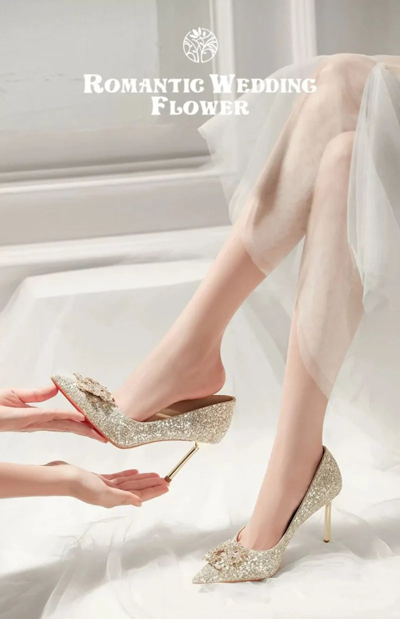 EtherealBe crystal high heel wedding shoes featuring delicate glitter and elegant design for brides