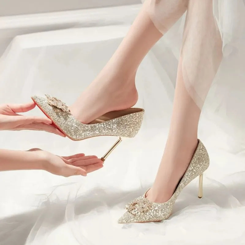 EtherealBe crystal high heel wedding shoes with elegant glitter design and floral embellishment